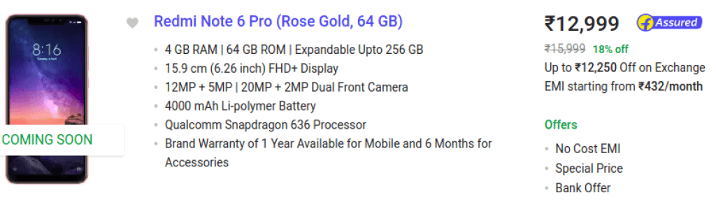 Redmi Note 6 Pro Exchange Offer and EMI Plans 
