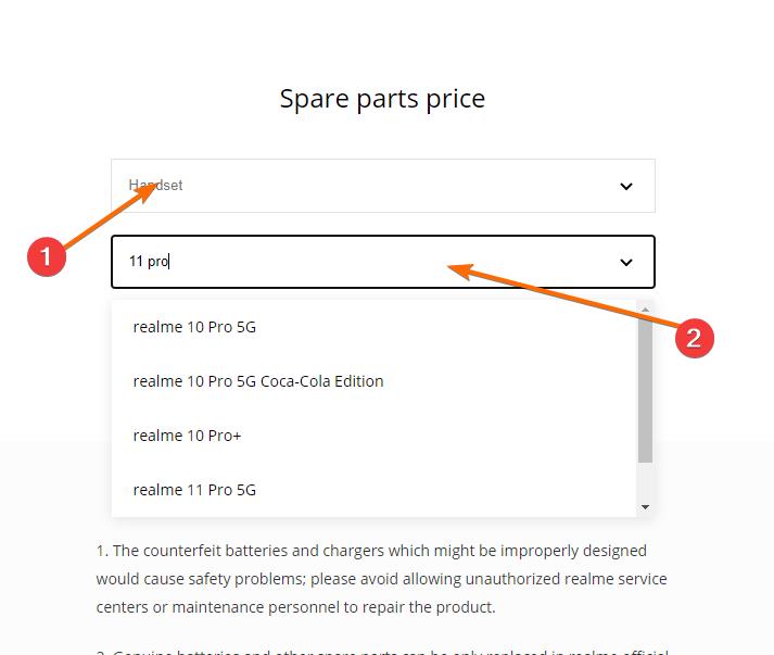 screenshot which show hot to search spare part price with device name
