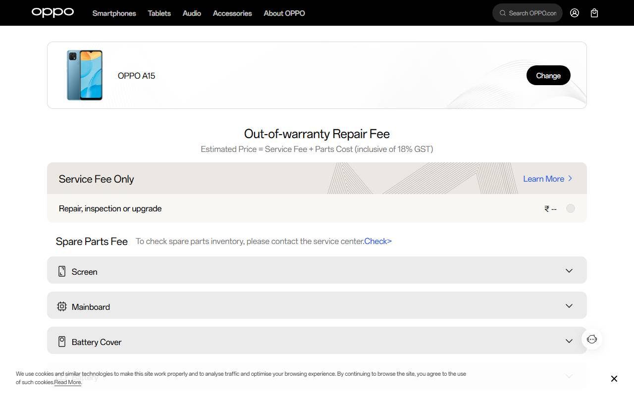 OPPO A15 part price on official website 