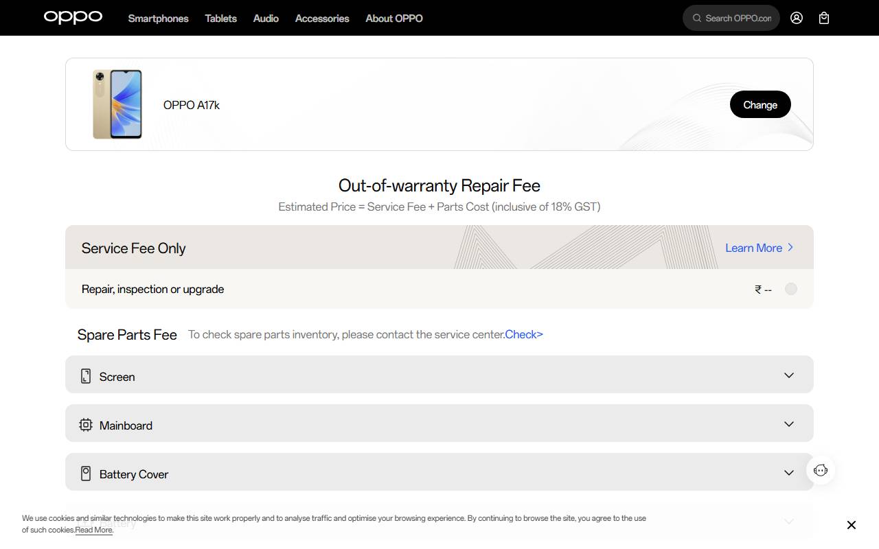 OPPO A17k part price on official website 