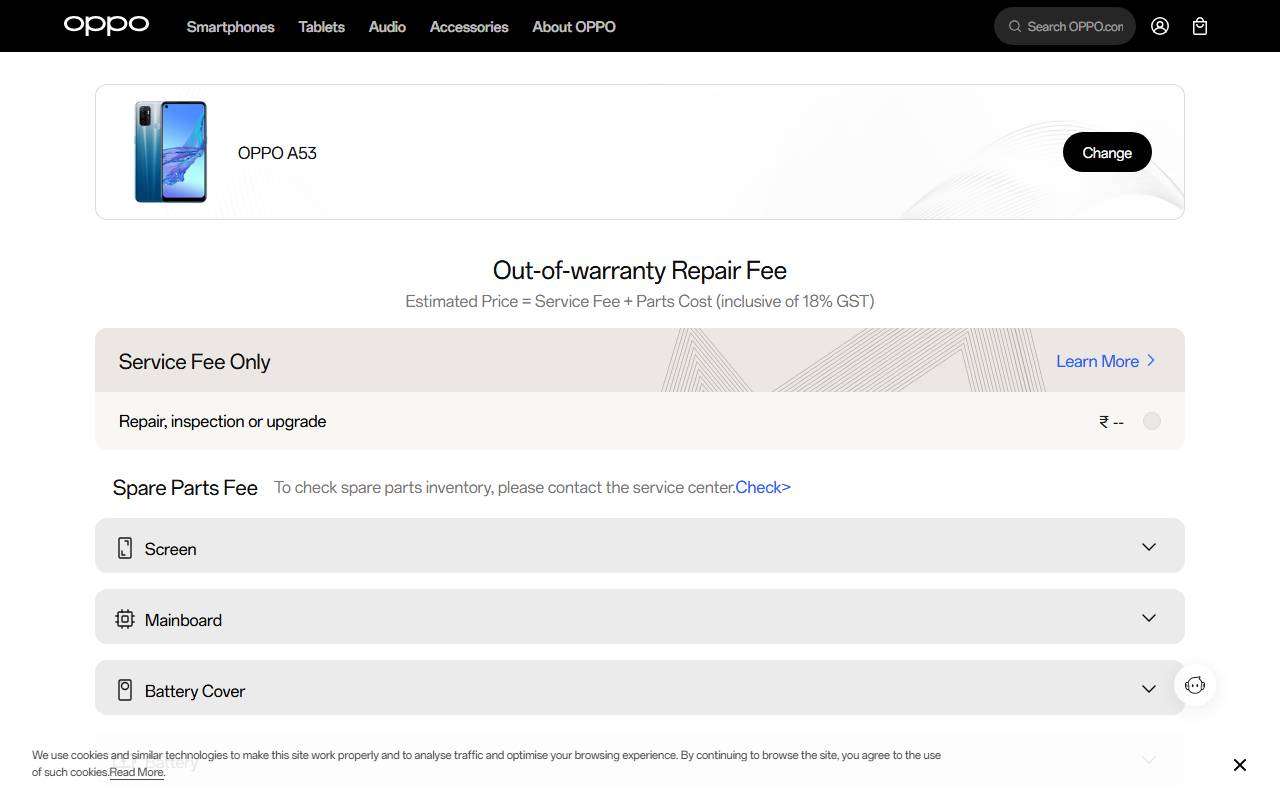 OPPO A53 part price on official website 