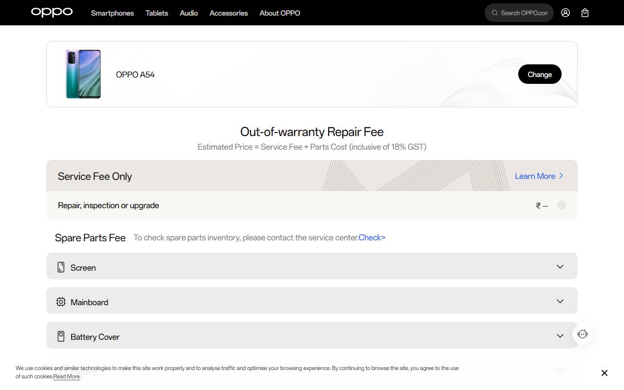 OPPO A54 part price on official website 