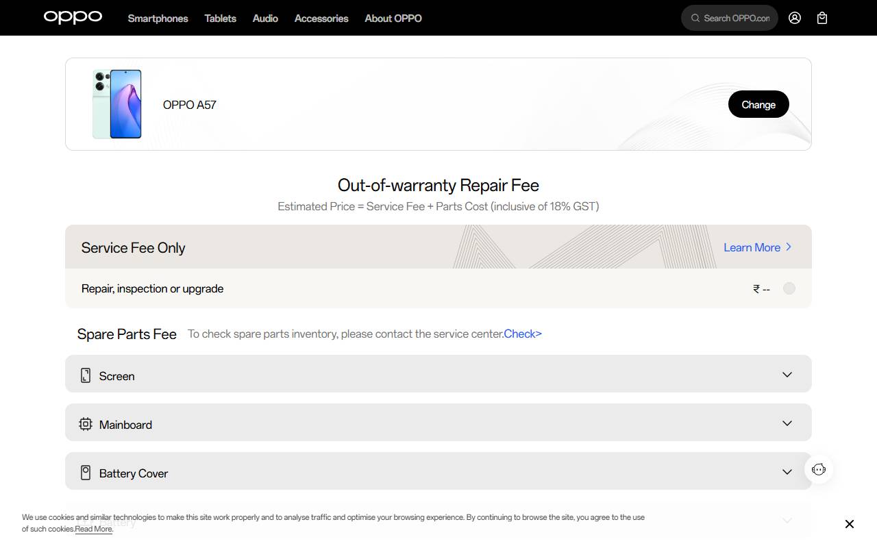 OPPO A57 part price on official website 