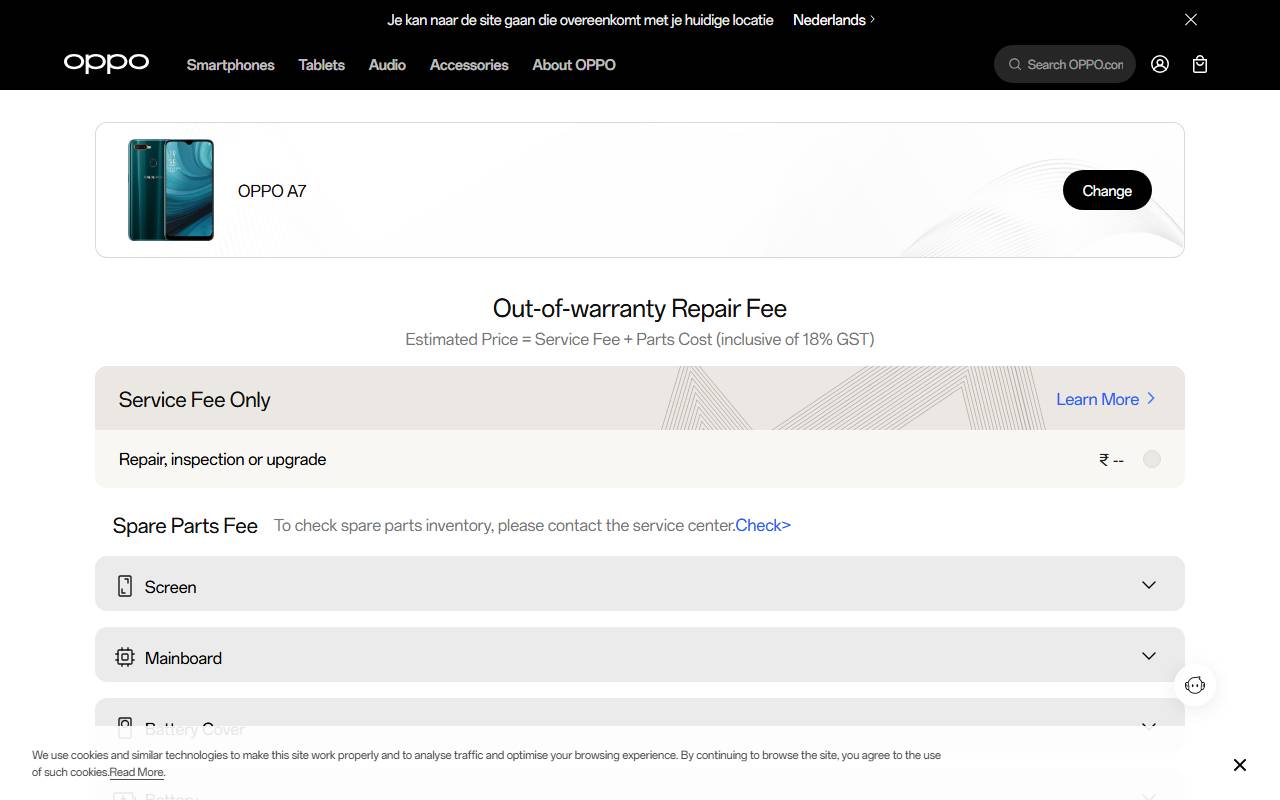 OPPO A7 part price on official website 