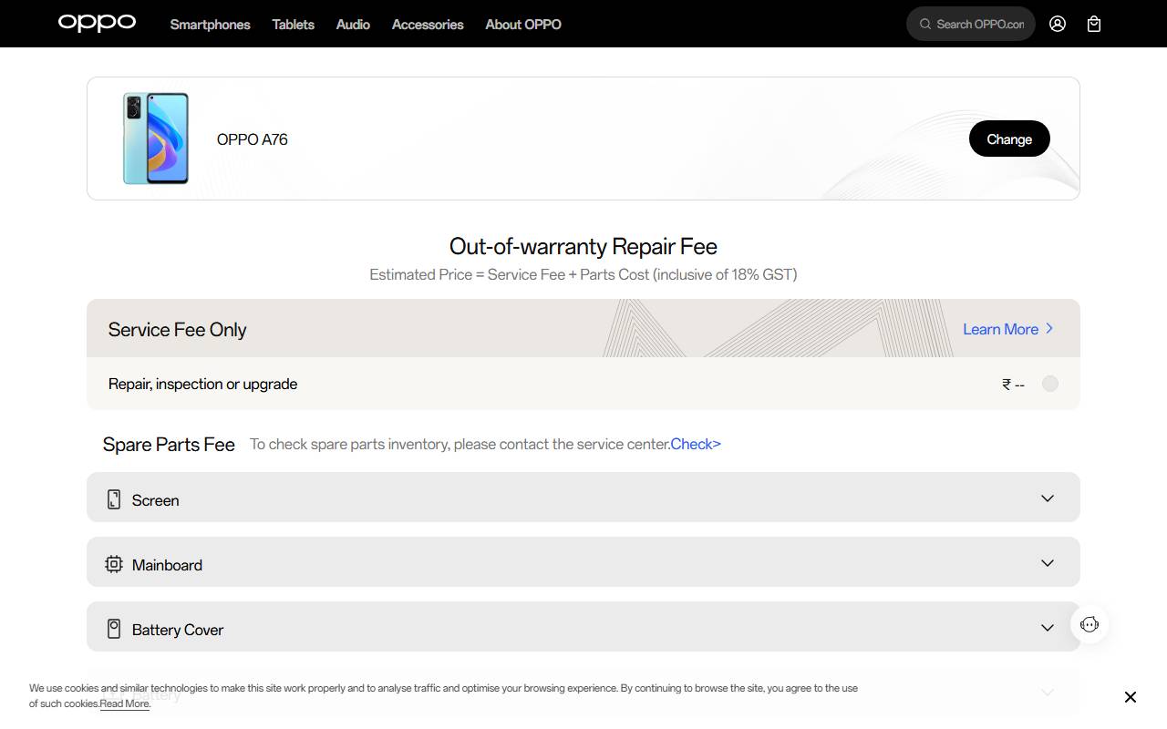 OPPO A76 part price on official website 