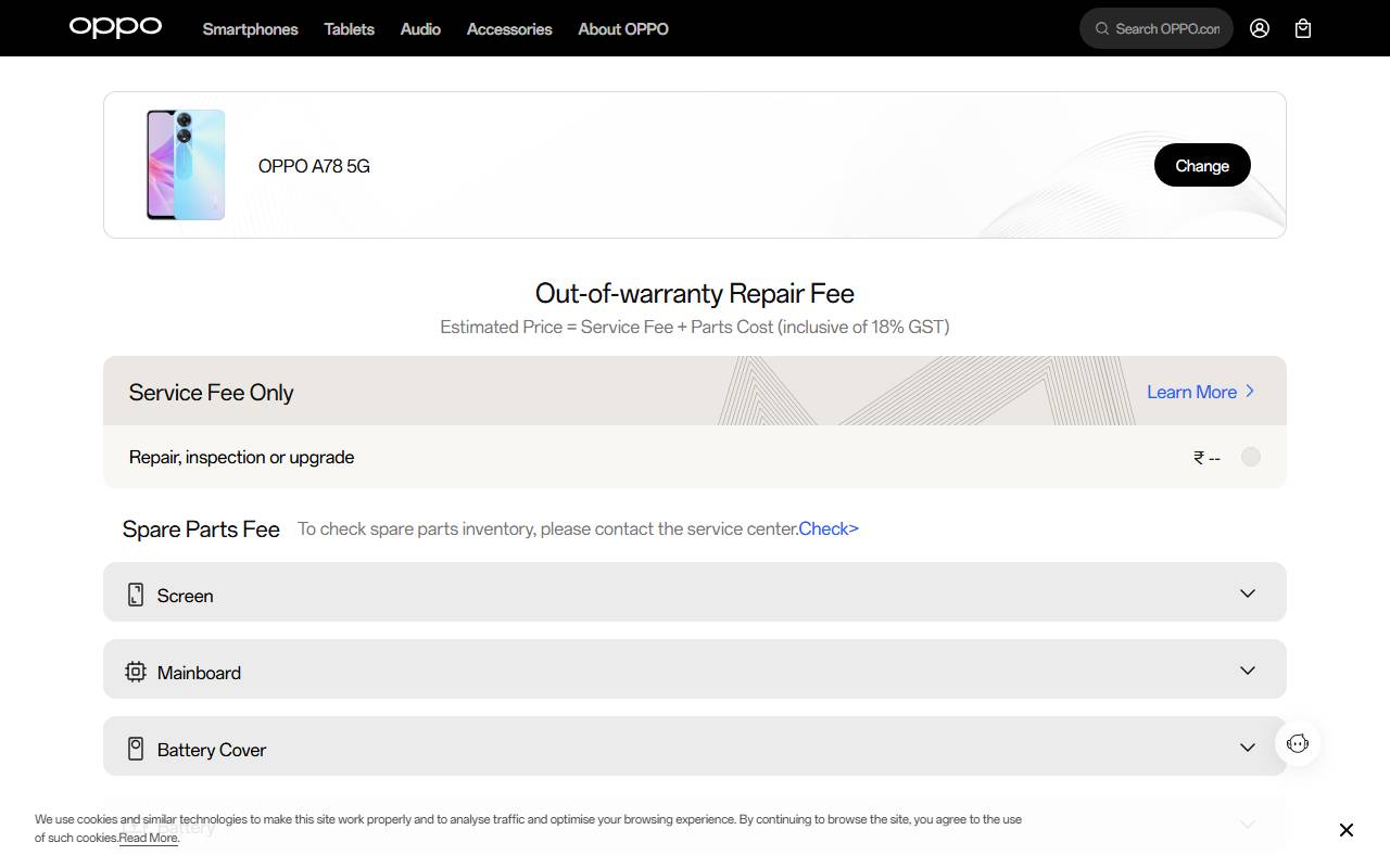 OPPO A78 5G part price on official website 