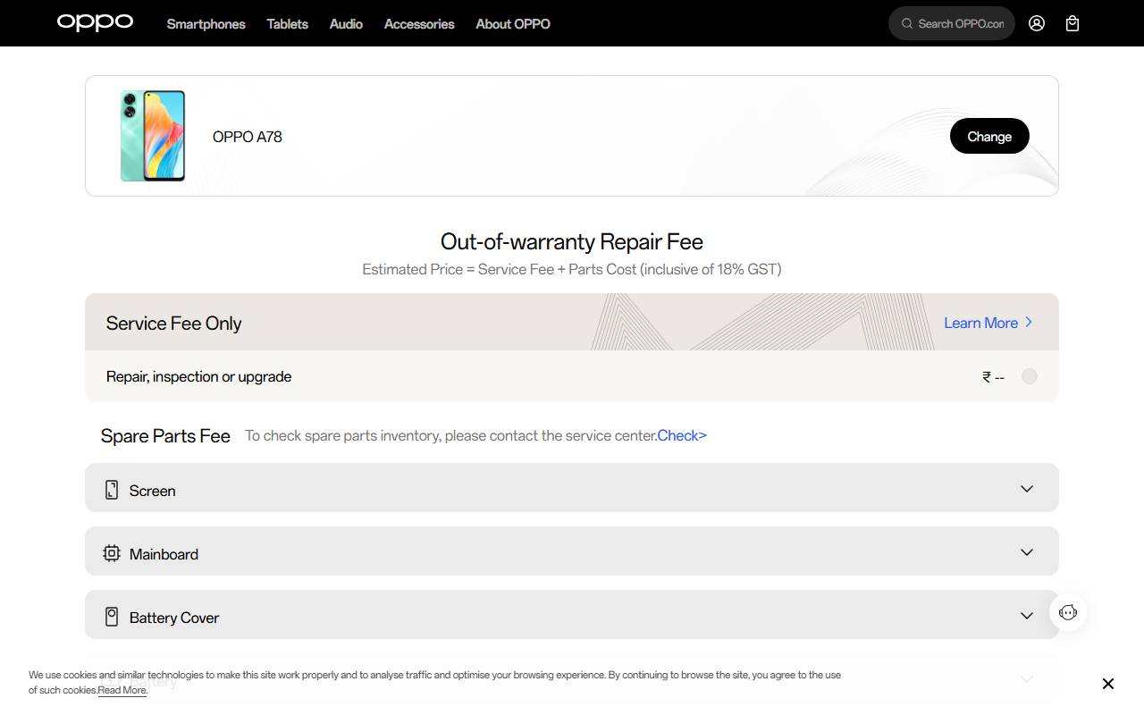 OPPO A78 part price on official website 