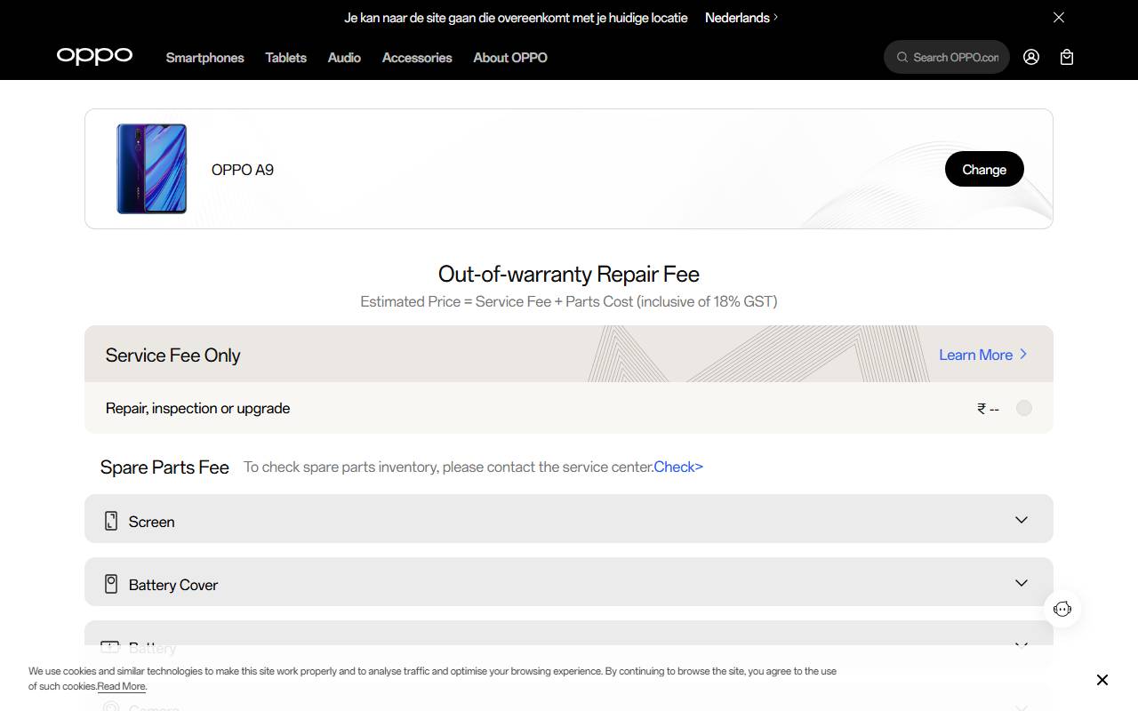 OPPO A9 part price on official website 