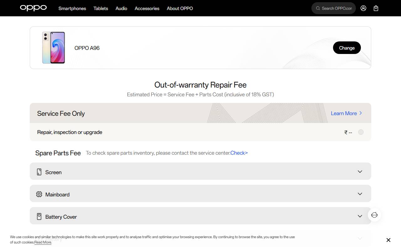 OPPO A96 part price on official website 