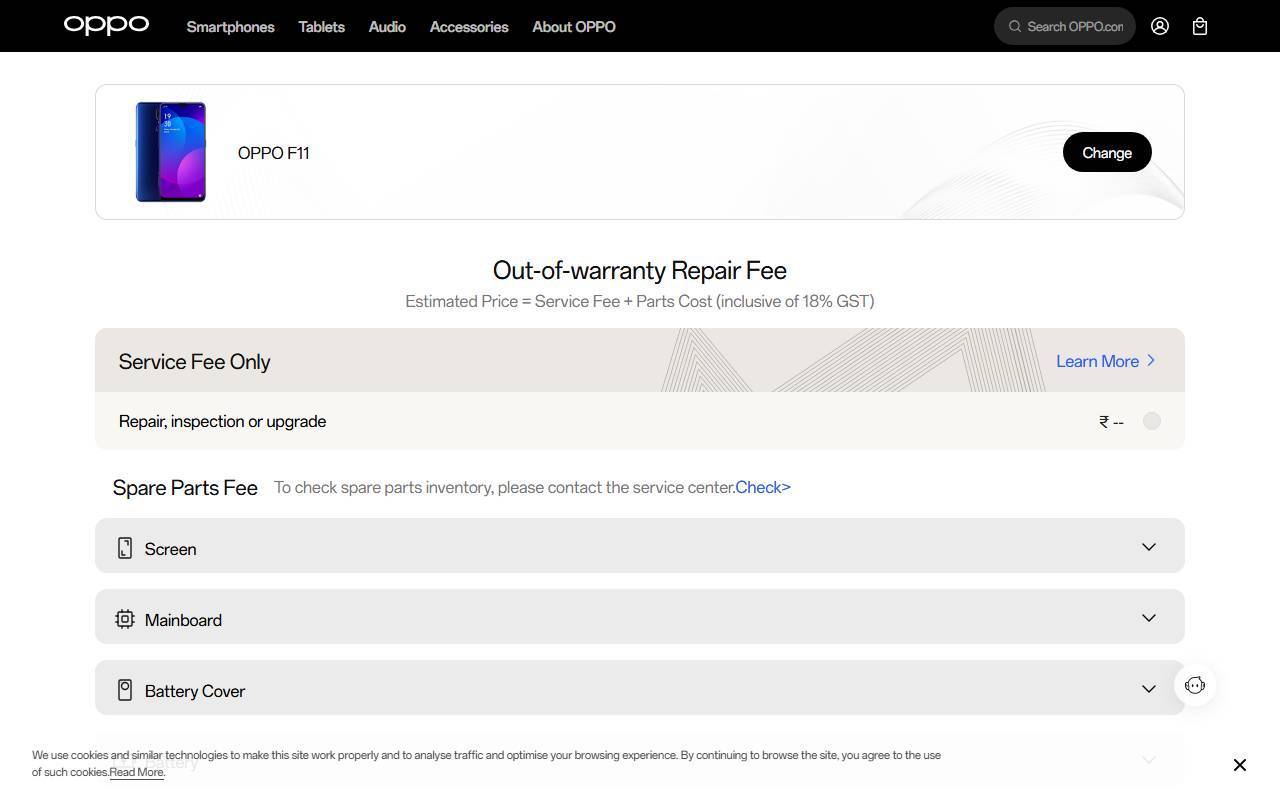 OPPO F11 part price on official website 