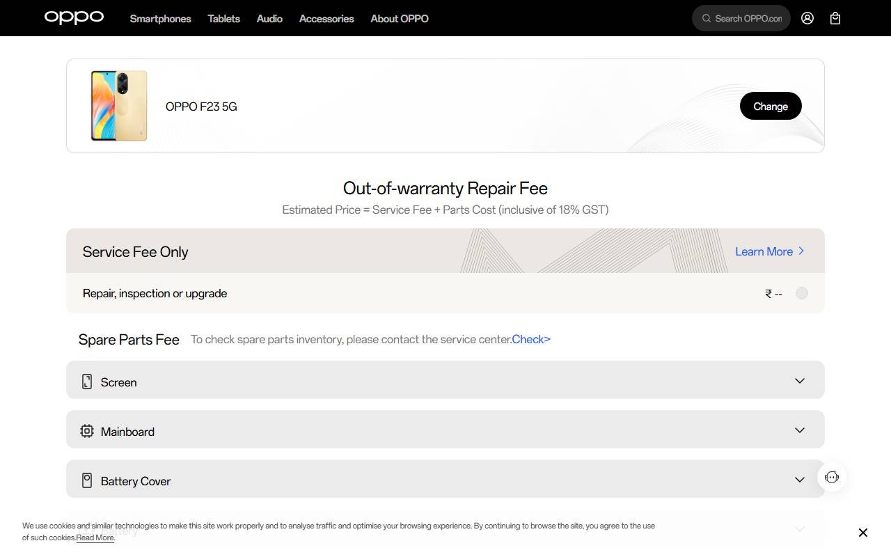 OPPO F23 5G part price on official website 