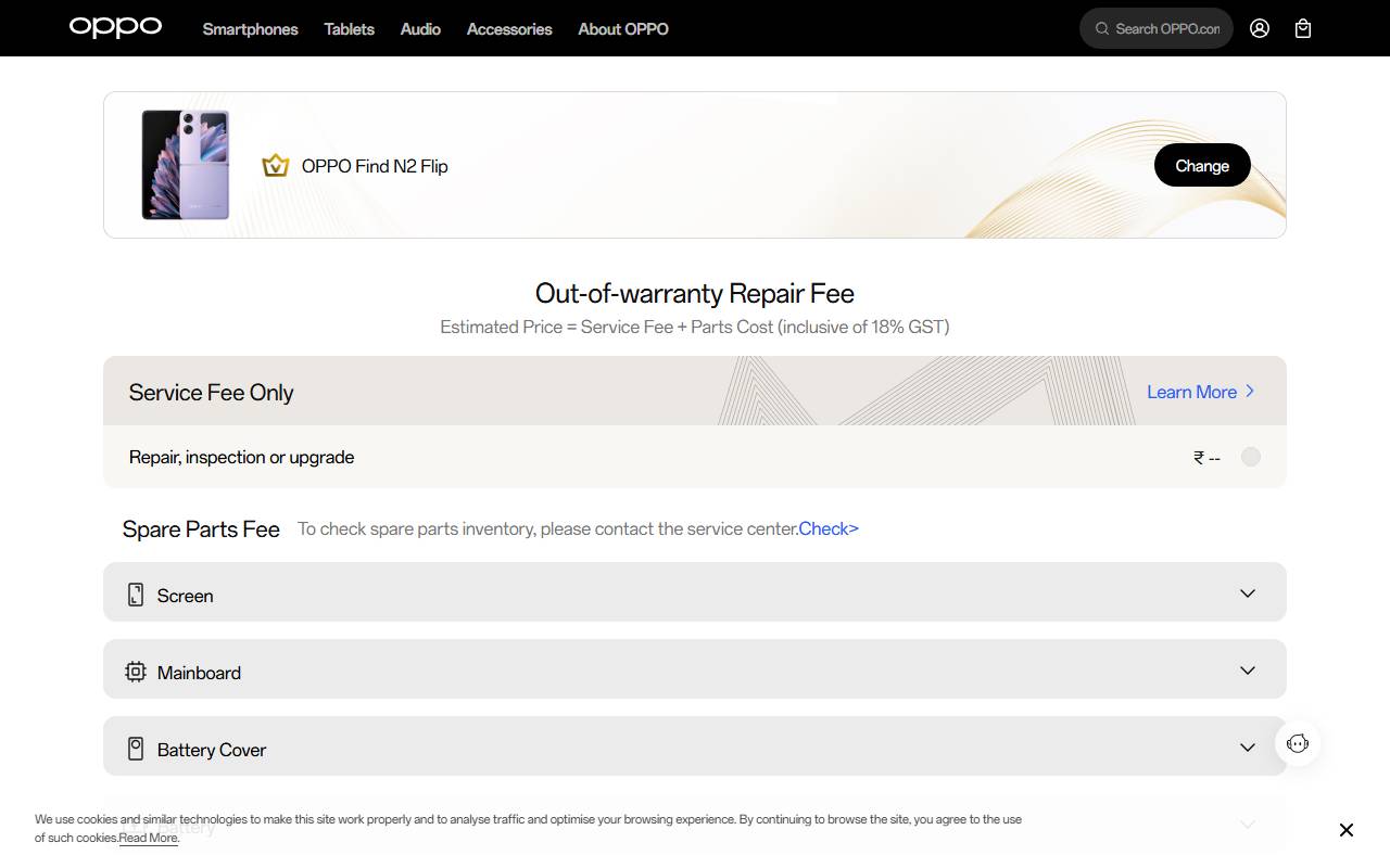 OPPO Find N2 Flip part price on official website 
