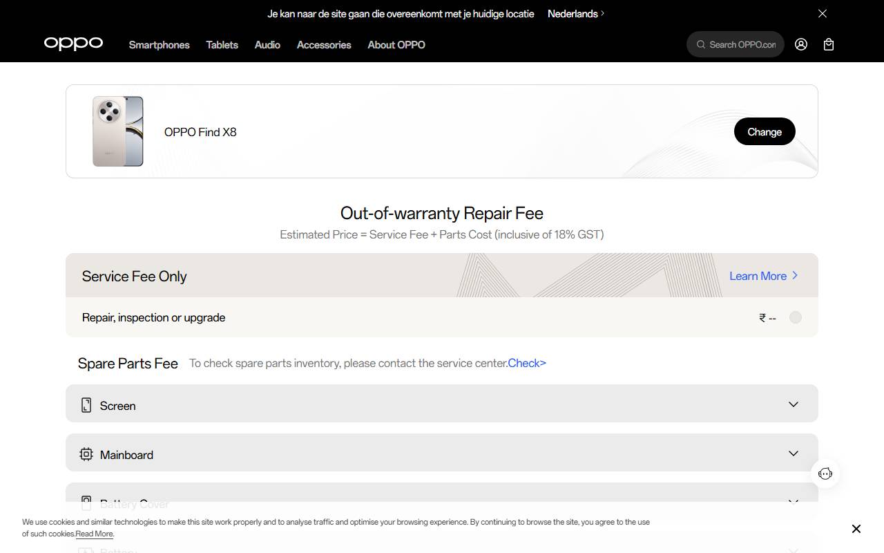 OPPO Find X8 part price on official website 