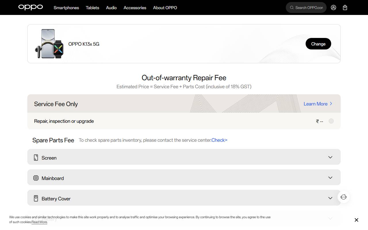 OPPO K13x 5G part price on official website 