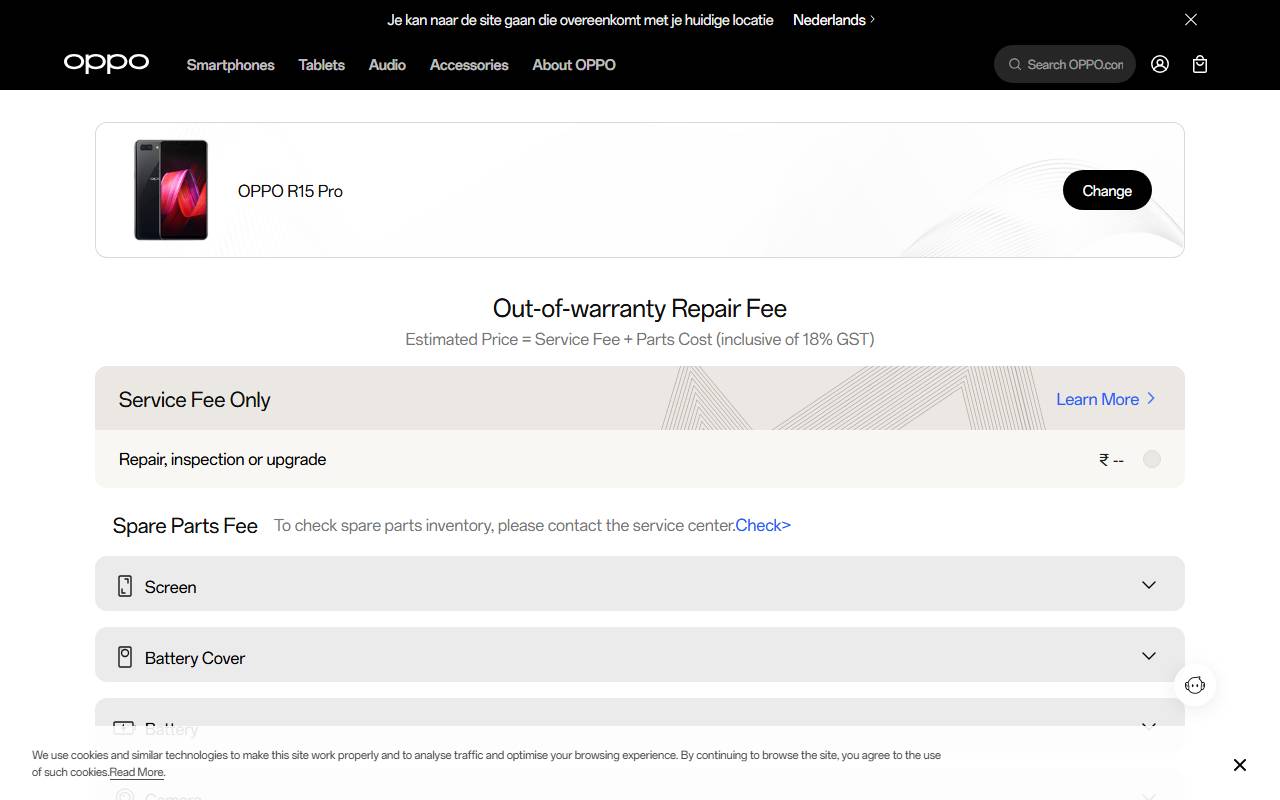 OPPO R15 Pro part price on official website 