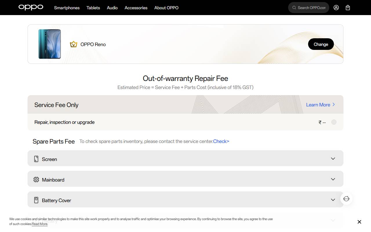 OPPO Reno part price on official website 