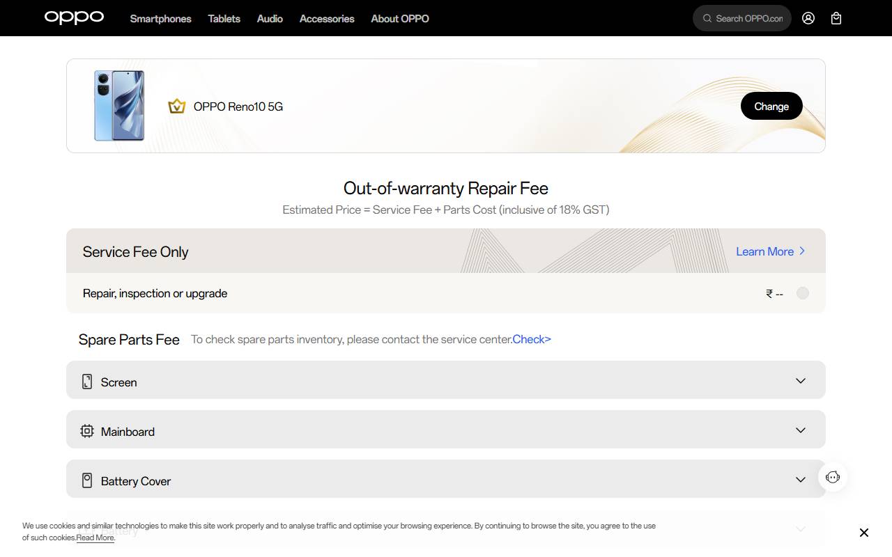 OPPO Reno10 5G part price on official website 