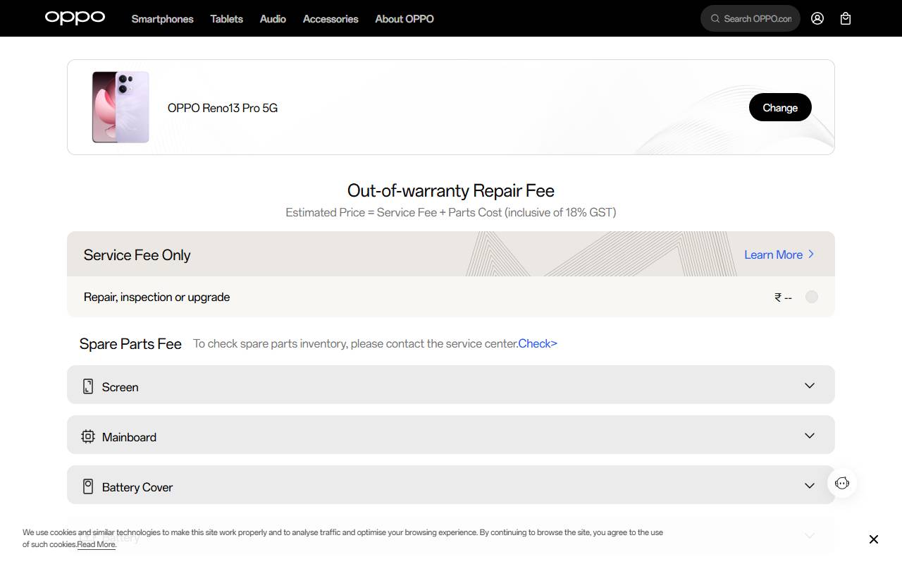 OPPO Reno13 Pro 5G part price on official website 