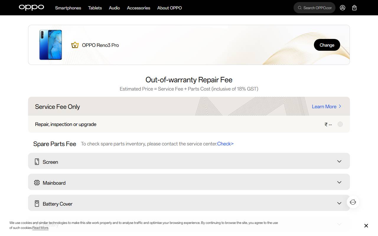 OPPO Reno3 Pro part price on official website 