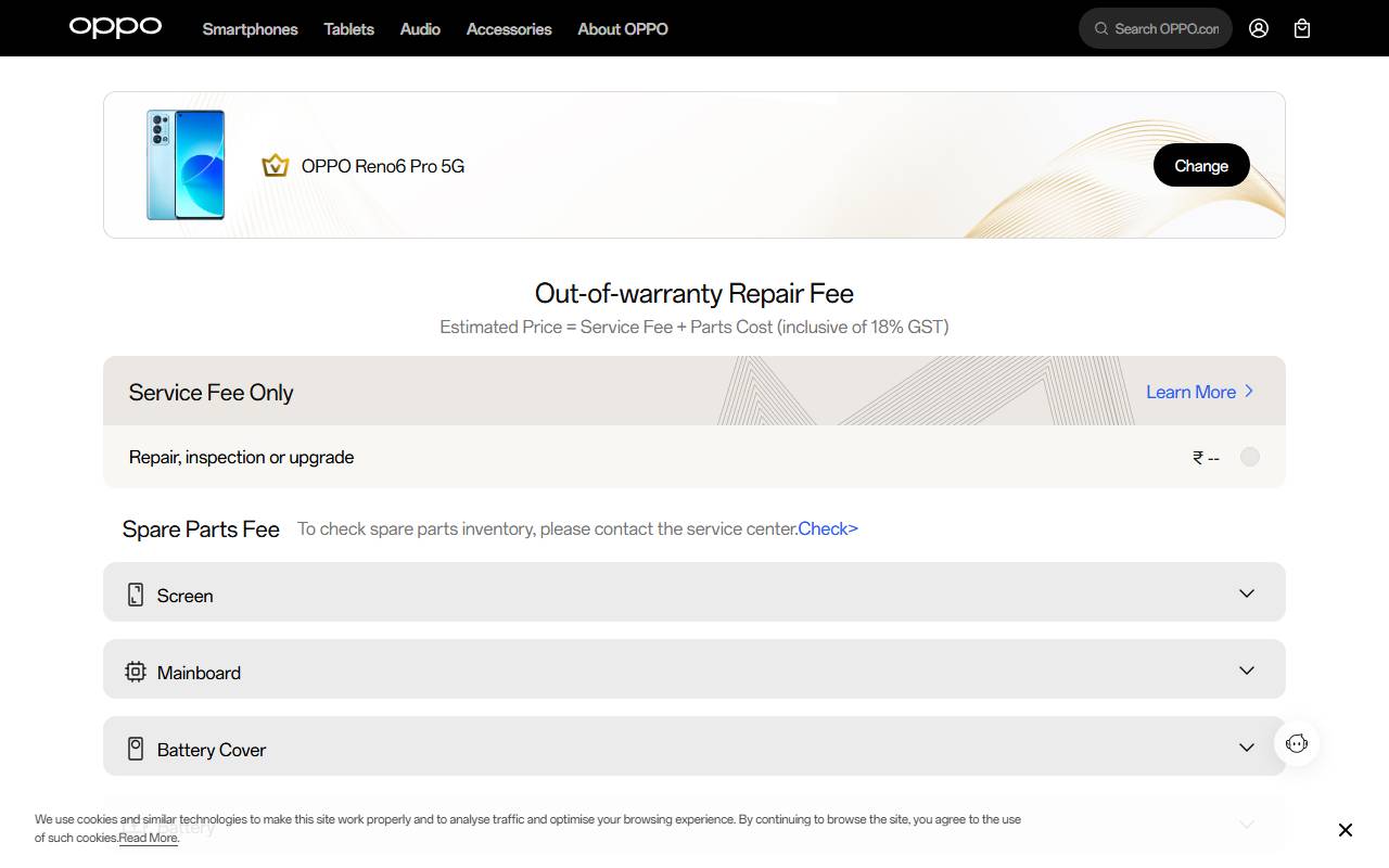 OPPO Reno6 Pro 5G part price on official website 