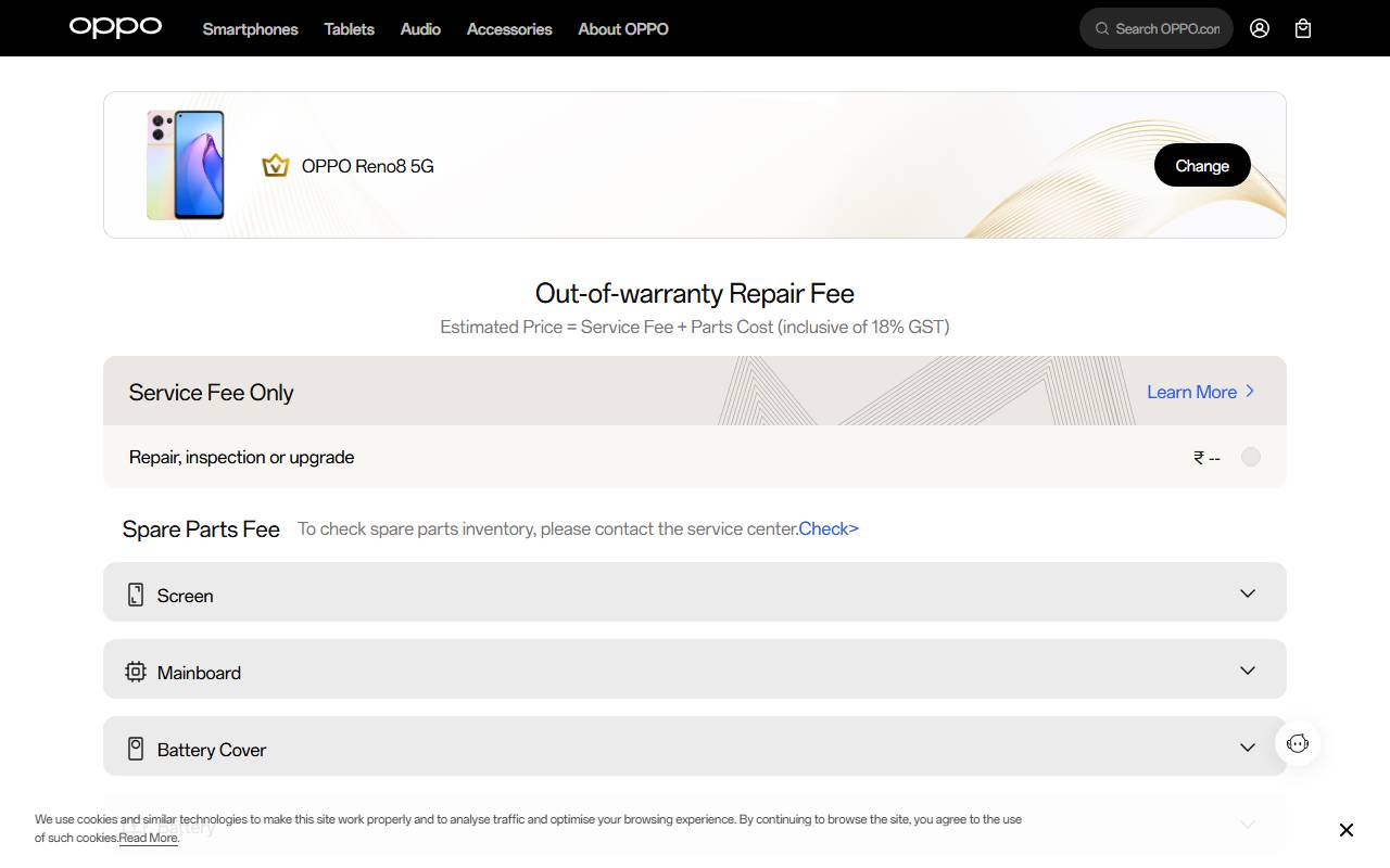 OPPO Reno8 5G part price on official website 