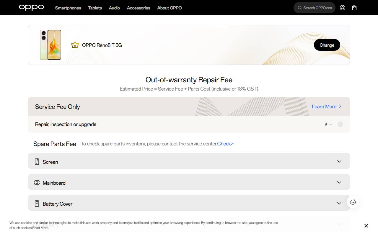 OPPO Reno8 T 5G part price on official website 